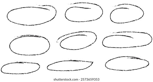 Brush drawn ellipses, ovals and bubbles to circle and highlight text. Handdrawn marker emphasis elements. Doodle style geometric round outline shapes. Vector ink illustration. Rough crayon circles