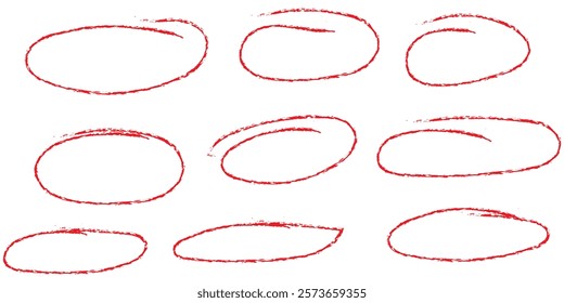 Brush drawn ellipses, ovals and bubbles to circle and highlight text. Handdrawn marker emphasis elements. Doodle style geometric round outline shapes. Vector ink illustration. Rough crayon circles