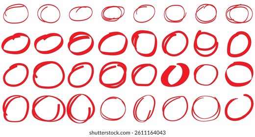 Brush drawn ellipses, ovals and bubbles to circle and highlight text. Handdrawn marker emphasis elements. Doodle style geometric round outline shapes. Vector ink illustration. Rough crayon circles.