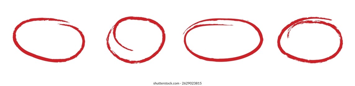 Brush drawn ellipses, ovals and bubbles to circle and highlight text. Hand drawn red crayon ovals and circles set.  Red round rough, thin frames.