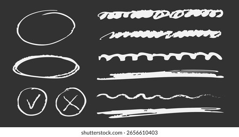 Brush drawn ellipses textured underline check marks highlight text. Chalk drawing on blackboard, school hand drawn scribble set.