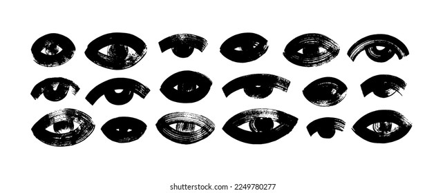 Brush drawn eyes isolated on white background. Open black eyes hand-drawn with bold lines. Cartoon style vector elements in simple grunge style with dry brush texture. Monochrome fashion design.