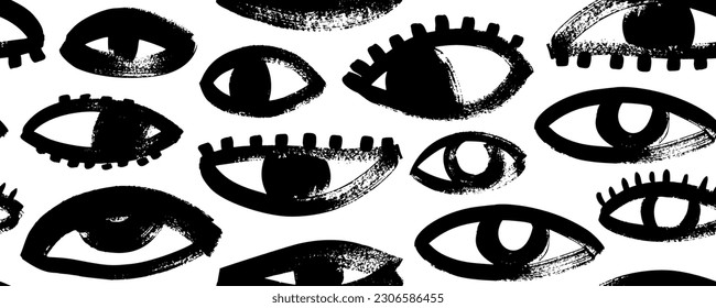 Brush drawn eyes seamless pattern. Hand drawn vector ornament with various opened eyes. Modern hipster style, primitive or naive drawing. Cartoon seamless pattern with parts of faces.