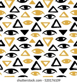 Brush drawn eyes and triangles seamless vector pattern. Rough edges. Hand drawn surreal geometrical background. Stylized hand drawn uneven eyes, eyeballs, pyramid texture. Ink illustration.