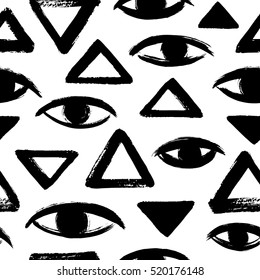 Brush drawn eyes and triangles seamless vector pattern. Rough edges. Hand drawn surreal black and white geometrical background. Stylized hand drawn eyes, eyeballs, pyramid texture. Ink illustration.