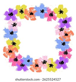 Brush drawn flowers frame. Hand drawn floral square border. Doodle wild flowers. Great for invitations, greeting cards, posters, banners. Vector illustration