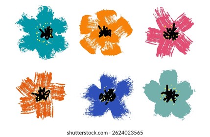 Brush drawn flowers set. Hand drawn botanical illustrations. Doodle wild flowers cliparts. Ink drawing artistic botanical illustration, isolated floral elements