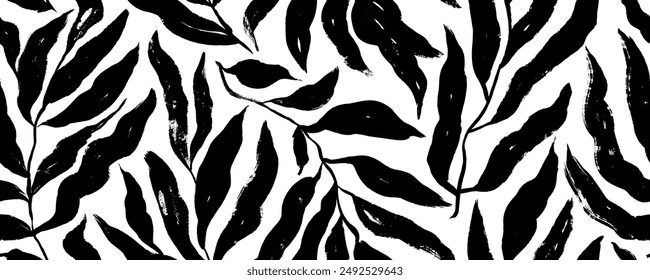 Brush drawn foliage seamless pattern. Silhouette of branches with long leaves. Olives or palm tree branches. Scribble doodle leaves, tropical or jungle motif. Botanical wallpaper design.