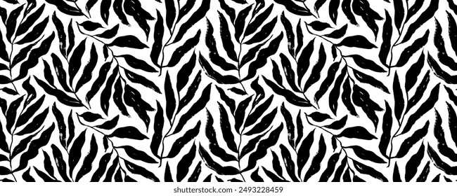 Brush drawn foliage seamless pattern. Silhouette of branches with long leaves. Olives or palm tree branches. Scribble doodle leaves, tropical or jungle motif. Botanical wallpaper design.