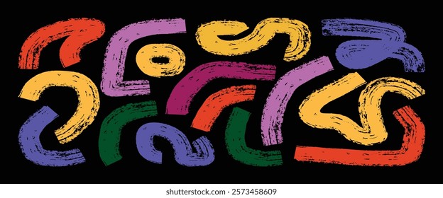 Brush drawn fun brush bold ribbons. Vector creative funky thick strokes, bold texture lines. Confetti style zigzag bold curly strokes.