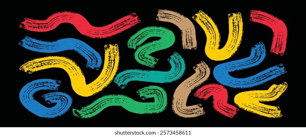 Brush drawn fun brush bold ribbons. Vector creative funky thick strokes, bold texture lines. Confetti style zigzag bold curly strokes.