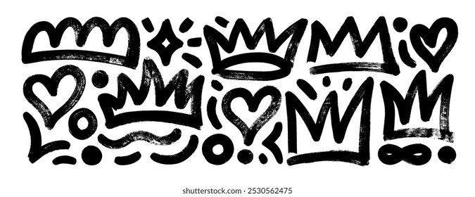 Brush drawn funky crowns, hearts and squiggles collection. Graffiti, girly punk and hip hip style vector elements. Various bold brush drawn shapes with dry rough texture. Primitive or naive style.