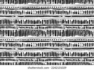 Brush drawn geometric seamless pattern in native style. Ethnic or tribal ornament with black and white thin lines and bold dashes. Horizontal stripes with vertical vector dashes. Aztec native ornament