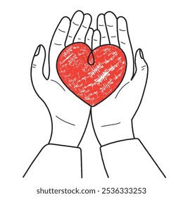 Brush drawn hand holding heart. Healthcare, Donation and giving aid concept.  Elegant minimal line stroke style. Vector chalk graphic element