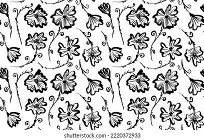 Brush drawn hibiscus flowers seamless pattern. Vector tropical ornament with whimsical linear flowers. Hand drawn black and white botanical ornament. Ink drawing plants with curved stems. 