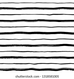Brush drawn ink uneven textured stripes, strokes seamless vector pattern. Doodle style uneven bars, streaks, wavy lines of different width with rough edges texture. Black and white elegant background.