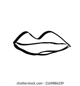 Brush drawn lips. Minimal grunge lip icon, hand drawn mouth symbol, rough stroke brush lips illustration