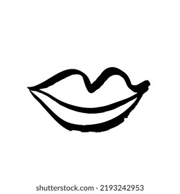 Brush drawn lips. Minimal grunge lip icon, hand drawn mouth symbol, rough stroke brush lips illustration