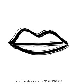 Brush drawn lips. Minimal grunge lip icon, hand drawn mouth symbol, rough stroke brush lips illustration