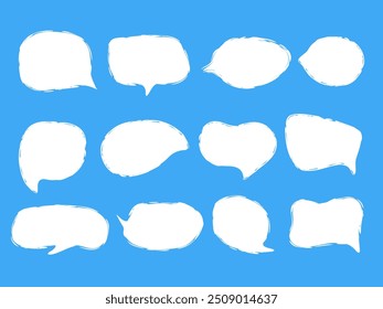 Brush Drawn Message clouds set. Speech bubble Collection. Doodle communication icon. White Textbox Frame isolated on blue background. Fun cute question comment feedback Balloon. Vector illustration