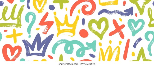 Brush drawn multi colored doodle shapes seamless pattern. Hearts, crowns, arrows, crosses, swirls and dots with dry brush texture. Colorful banner background with trendy graffiti style elements.