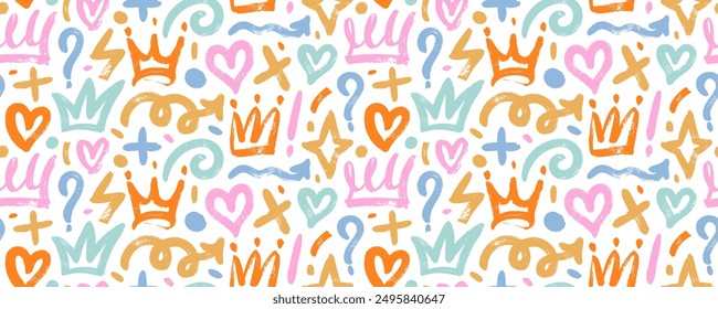 Brush drawn multi colored doodle shapes seamless pattern. Hearts, crowns, arrows, crosses, swirls and dots with dry brush texture. Colorful banner background with trendy graffiti style elements.