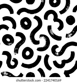 Brush drawn organic lines seamless pattern. Black curved brush strokes with circles. Rounded shapes, stylish structure of natural cells. Simple squiggle smears and dots. Vector monochrome background.