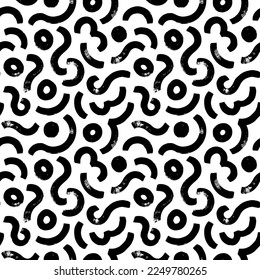Brush drawn organic lines seamless pattern. Black curved brush strokes with circles. Rounded shapes, stylish structure of natural cells. Simple squiggle smears and dots. Vector monochrome background.