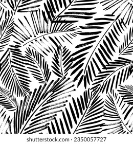 Brush drawn palm leaves seamless pattern. Abstract tropical foliage background. Grunge tropical leaves texture. Foliage ornament with exotic branches. Vector natural seamless pattern.