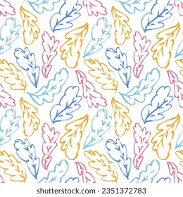 Brush drawn pastel colored oak leaves seamless pattern. Autumn background with doodle foliage texture. Abstract autumn motif with oak leaves. Vector abstract nature pattern. Outlined branches.