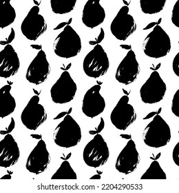 Brush drawn pears seamless pattern. Hand drawn vector garden fruit ornament. Pears silhouettes with stem and leaves. Nature motifs. Design elements in sketch style. Garden botanical background.