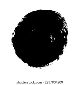 Brush drawn round grunge shape. A circular background of black ink drawn by hand. Hand painted ink blob, spot or circle. Vector illustration for stamps. Black circle brush stroke.