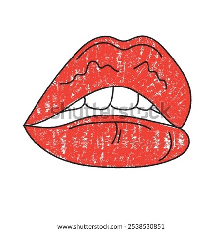 Brush drawn seductive red female lips. Romantic print for valentines day. Elegant minimal line stroke style. Vector chalk graphic element