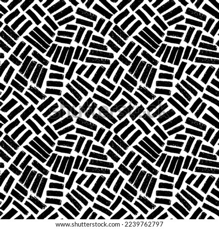 Brush drawn short stripes seamless pattern. Modern abstract background with weaven texture. Traditional hatching texture. Vector geometric tiles. Bold small lines, labyrinth and mosaic motives.