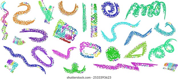 Brush drawn simple confetti shapes in a colorful childish style. Rough pencil doodle  with dots, circles and dashes.Cute seamless pattern for a holiday party.