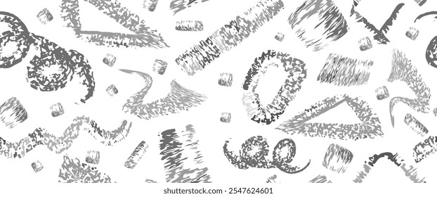 Pinselgezeichnete einfache Konfetti-Formen in einem bunten kindlichen Stil. Grobe Bleistift doodle mit Punkten, Kreisen und Strichen.Niedliches nahtloses Muster für eine Feiertagsparty.