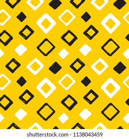 Brush drawn square, rhombus, rhomb seamless vector repeat pattern. Black, yellow, white geometric doodle style background. Abstract hand drawn texture. Various textured shapes with rough, uneven edges