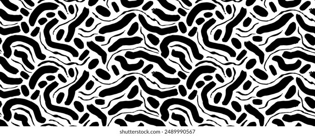 Brush drawn squiggle lines seamless pattern. Marker bold doodle lines and crayon squiggles seamless pattern. Hand drawn marker scribbles, curves, waves. Abstract doodle vector background.