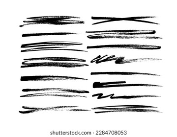 Brush drawn strikethrough vector elements. Set of grunge brush lines and strokes. Underline black graphic elements. Black ink doodle lines collection. Crosses strokes and curved thick stripes.