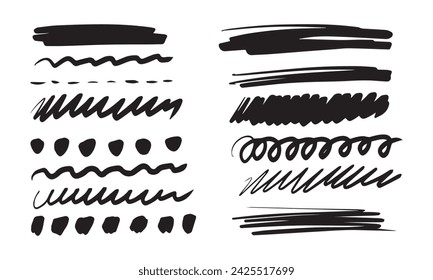 Brush drawn strikethrough vector elements. Set of grunge brush lines and strokes. Underline black graphic elements. Black ink doodle lines collection. Crosses strokes and curved thick stripes.