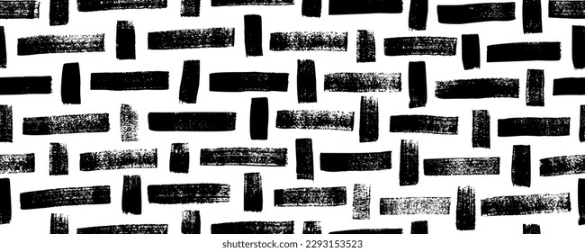 Brush drawn stripes seamless pattern. Vertical and horizontal short lines. Bold brush straight strokes. Woven seamless pattern. Abstract geometric background. Modern regular motif banner.