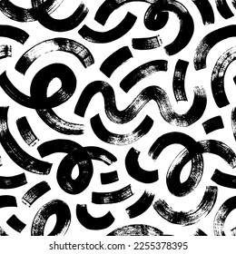 Brush drawn thick curved lines seamless pattern. Brushstrokes, smears, curly lines and squiggle ornament. Abstract monochrome organic background. Vector hand drawn chaotic swirls.