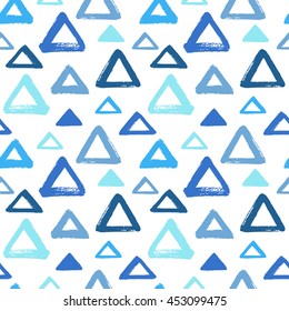 Brush Drawn Triangles Seamless Vector Pattern. Geometric Doodle Style Background. Abstract Hand Drawn Texture. Various Triangle Shapes Or Silhouettes With Rough, Uneven Edges. Shades Of Blue.