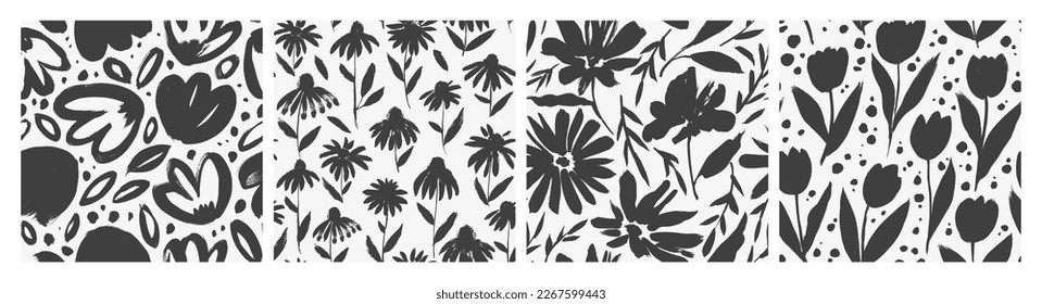 Brush drawn tulips and aster seamless patterns. Collection of nature backgrounds with abstract chamomile flowers, tulips silhouettes with dots. Black brush leaves, twigs and flowers.