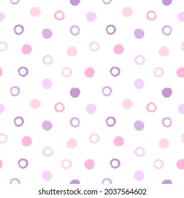 Brush drawn uneven dots seamless repeat vector pattern. Soft light pink, lilac, lavender pastel colors. Textured circles, round, ring shapes artistic dotted background. Polka dots hand drawn texture.