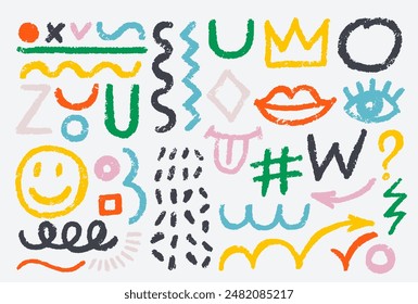 Brush drawn various abstract shapes, thick lines set. Curved geometric thick brush, squares, dots. Grunge colored circles, style graffiti eps shapes. Colorful bold vector with geometric figures.