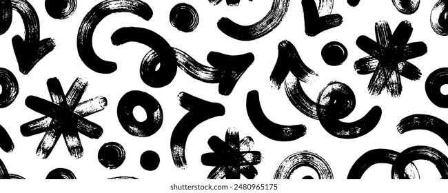 Brush drawn various bold geometric shapes seamless pattern. Spiral arrows, asterisks, circles, dots and curved lines. Grunge style texture geometric shapes. Abstract vector trendy banner.