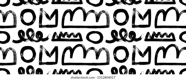 Pinselstriche zeichnen verschiedene geometrische Figuren nahtloses Muster. Abstrakte doodle Objekte und Formen. Childisches Muster nahtlos mit verschiedenen modernen geometrischen Elementen. Vektorkreise und -wirbel.