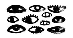 Brush Drawn Vector Eyes Collection. Hand Drawn Vector Human Parts Of Faces Elements, Various Opened Eyes. Modern Style, Primitive Or Naive Drawing. Cartoon Style Illustration With Parts Of Faces.