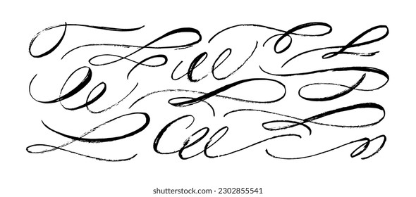 Brush drawn vector swooshes set. Hand draw calligraphy swirls and curls. Curly, wavy decorative swashes on white background. Font tails, black calligraphy flourishes. Underline text elements.